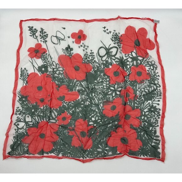 Vintage Scarf Vera Neumann Hand Rolled Edge Red Black Floral Silk Blend Japan - Picture 2 of 9